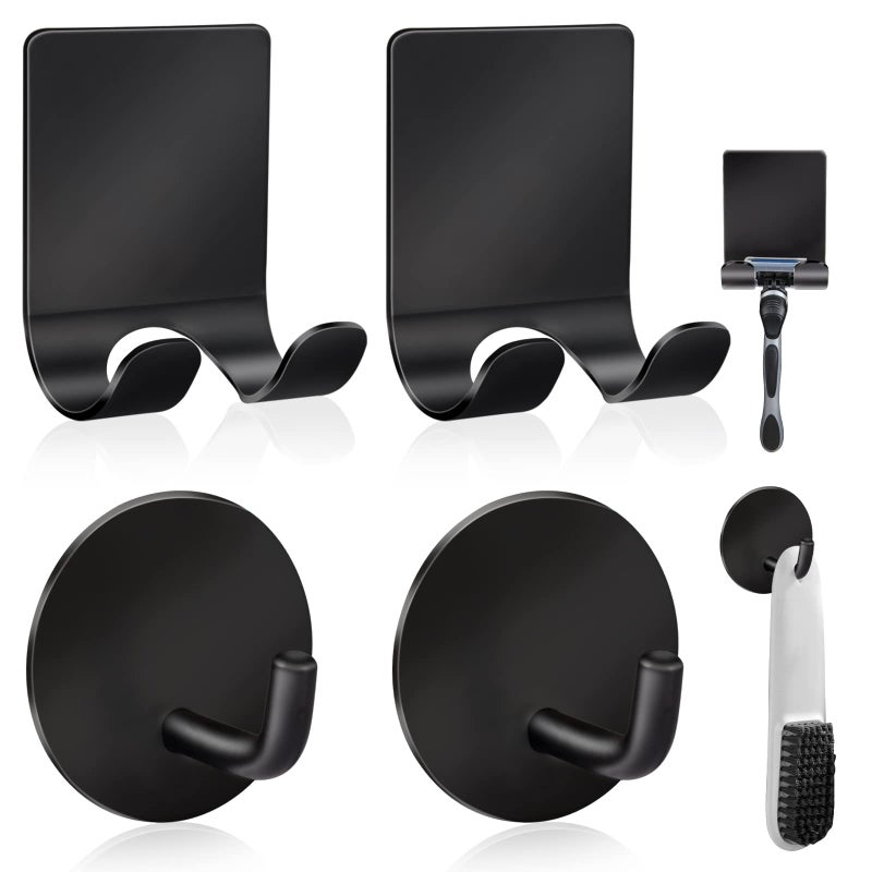 Diesisa Razor Holder 304 Stainless Steel for Shower + Adhesive Sticky Heavy Duty Waterproof Wall Hooks  Premium for Hanging Towels  Coat  hat (2+2 Pack) - Black - Image 1